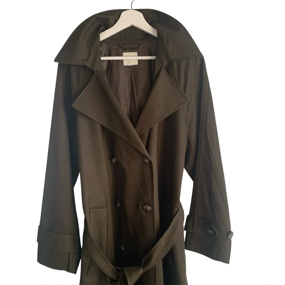 RW&Co Trench Coat Transitional Season Classic Overcoat wHood Twill Khaki Green L - Picture 4 of 8